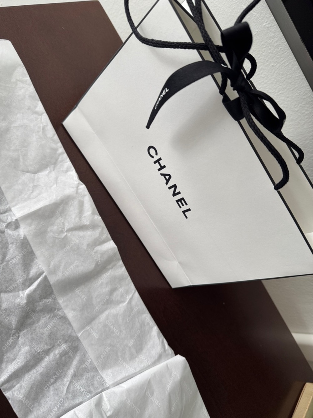 CHANEL White and Black Logo Gift Bag with Ribbon Handles and CHANEL GIFT WRAP